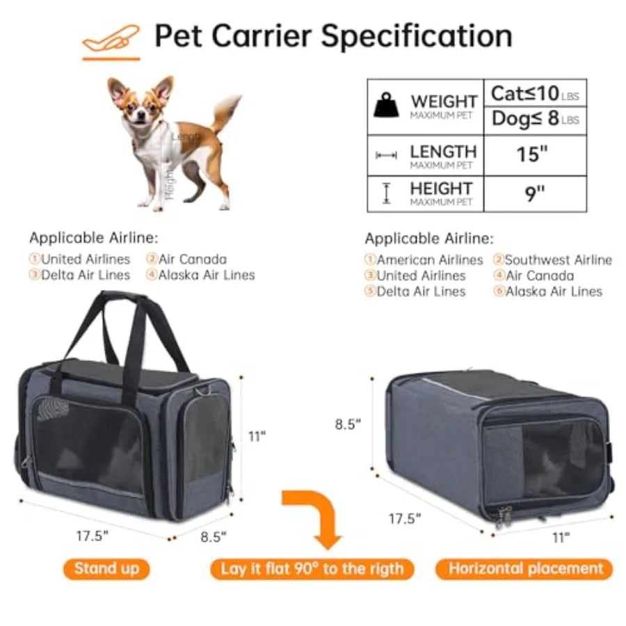 Airplane Approved Soft-Sided Cat Carrier for Travel Under Seat TSA Approved Pet Carrier Bag for Cats Dogs 17.5 x 8.5 x 11 inches