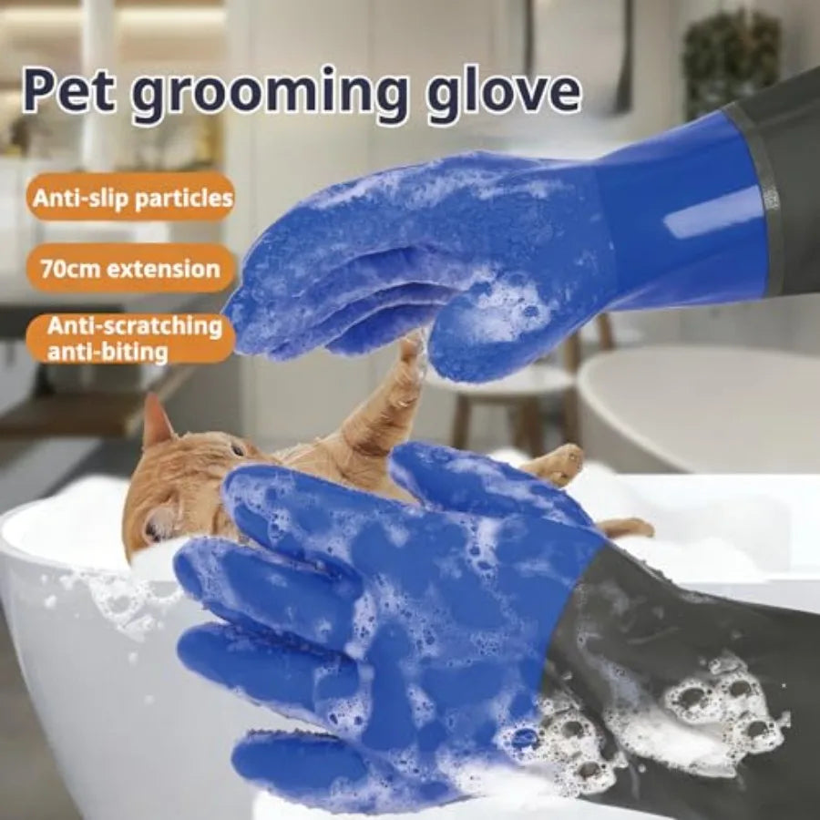 Pet Grooming Gloves 27.2 Extra Long Waterproof Rubber Washing Gloves for Dogs Cats Anti-Bite Anti-Scratch Hair Removal Cat Bath