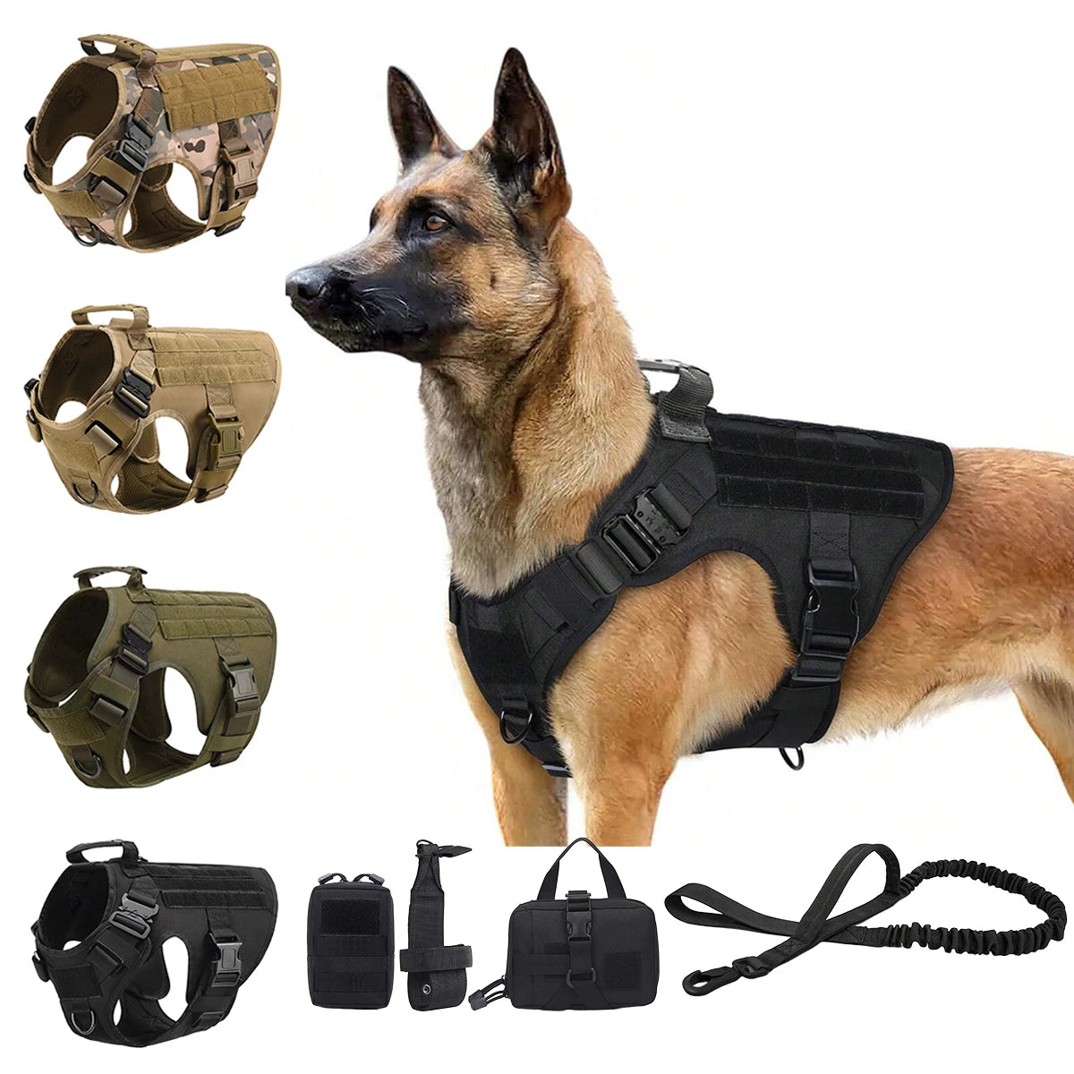 Tactical Dog Harness  Leash Molle Pouches For Medium Large Dogs, German Shepherd Training Walking Vest, Dog Harnesses