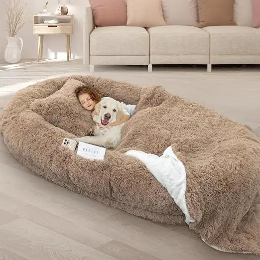 Oversized 71x45x12 Grey Memory Foam Dog Bed with Pillow, Blanket & Strap for Adults and Large Pets,