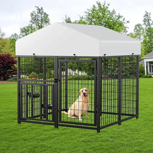 Outdoor Metal Dog Kennel with Roof - 4ft x 4ft Enclosure for Pets