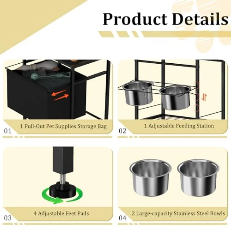 Elevated Dog Bowl Stand with 3-Tier Storage 3 Adjustable Heights Raised Dog Feeding Station with Basket and Shelves