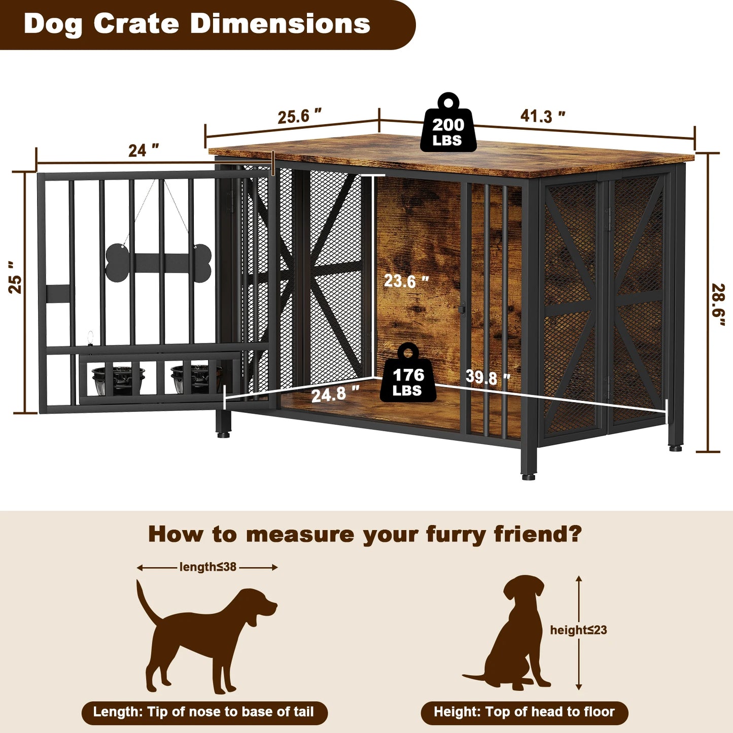 Foldable Large Dog Crate Furniture,31"/41.3"Assembly-Free Dog Crates for Large Dogs, Wooden Dog Kennel Indoor w/ Tag & Dog Bowls