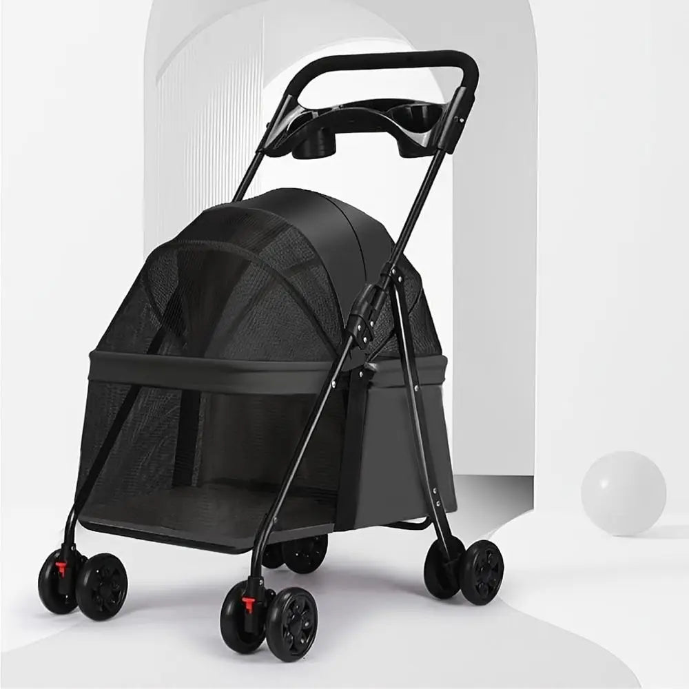 Premium Pet Stroller Foldable Medium Size Dog Buggies with Luxury Style 4 Wheels Steel Frame Small Dogs Cats Black