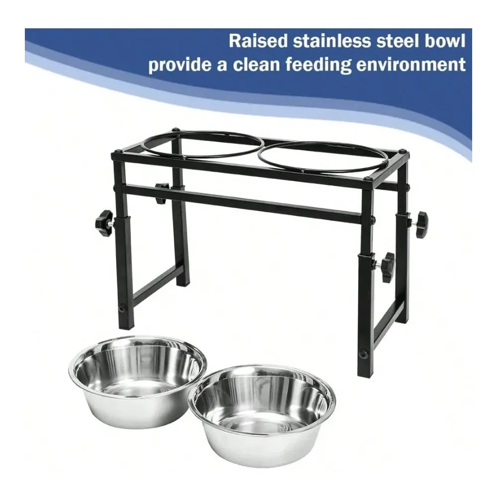 Raised Pet Feeder With 2 Stainless Steel Bowls For Dogs - Height Adjustable