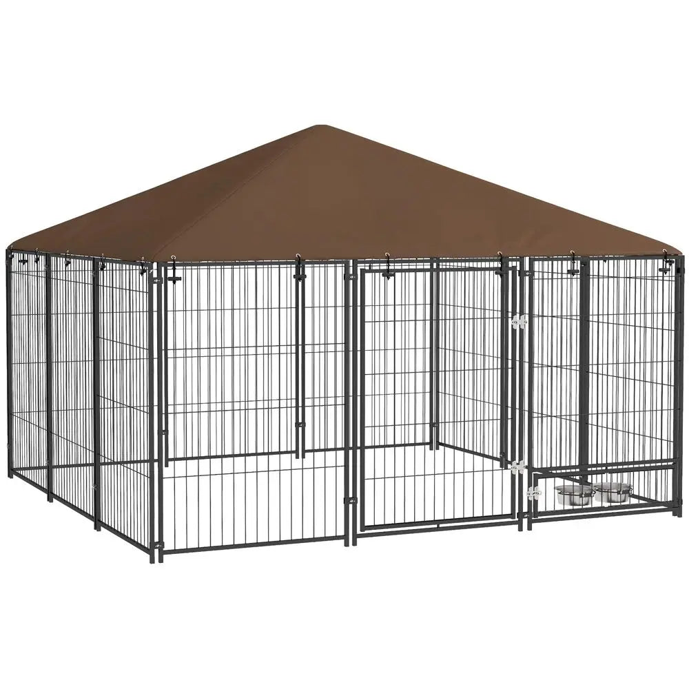 Outside Dog Kennel, 7 x 7 x 5 Puppy Play Pen with Canopy, Garden Playpen Fence Crate Enclosure Cage Rotating Bowl, for Dogs,