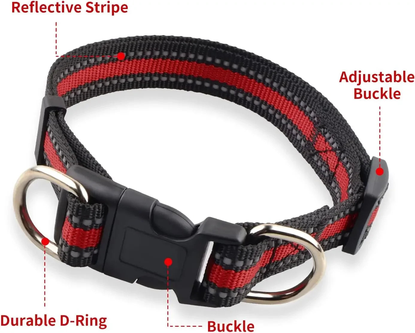 Highly Reflective Adjustable Dog Collar with Dual Metal D-Rings - Classic Colors for Small/Medium Dogs, 2-Pack (Red and Violet,M)