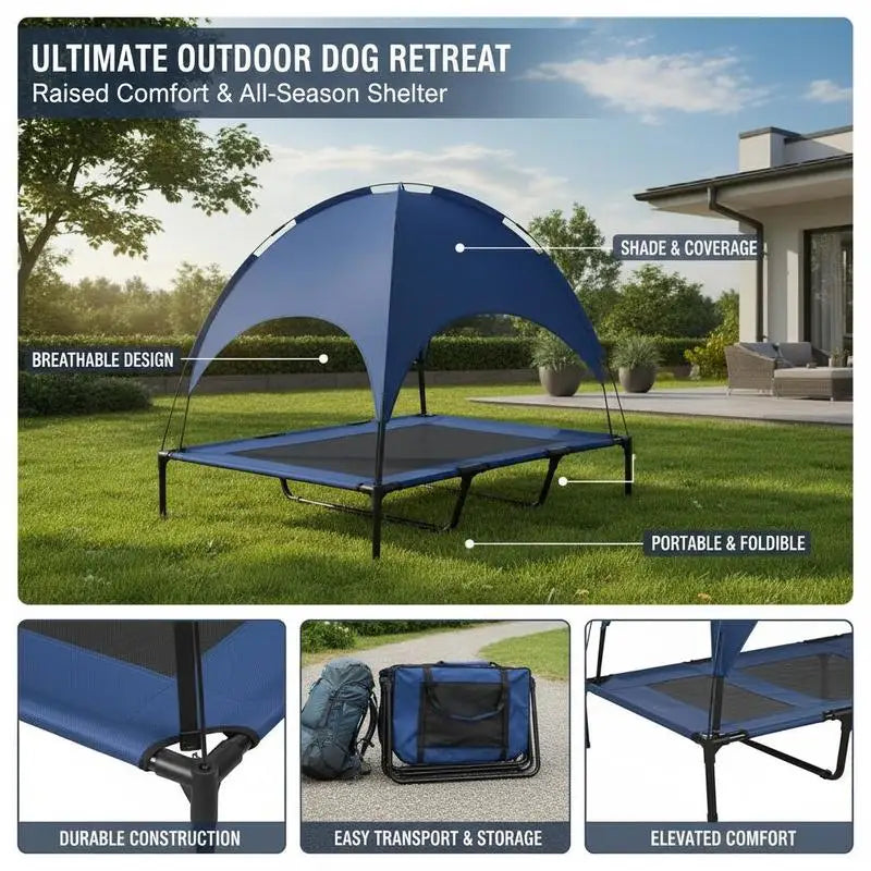 Raised Dog Bed Waterproof Elevated Pet Cot with Breathable Mesh UV Protection Canopy Blue, for XL Dogs, 122 x 92 x 108cm
