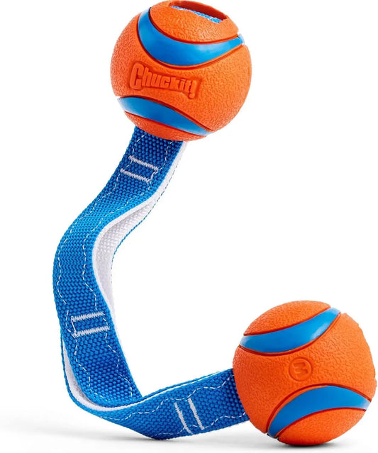 Durable Dog Toy with Two Balls on Nylon Cord for Fetch and Tug-of-War, Medium Size for Breeds 20-60 lbs, Orange and Blue