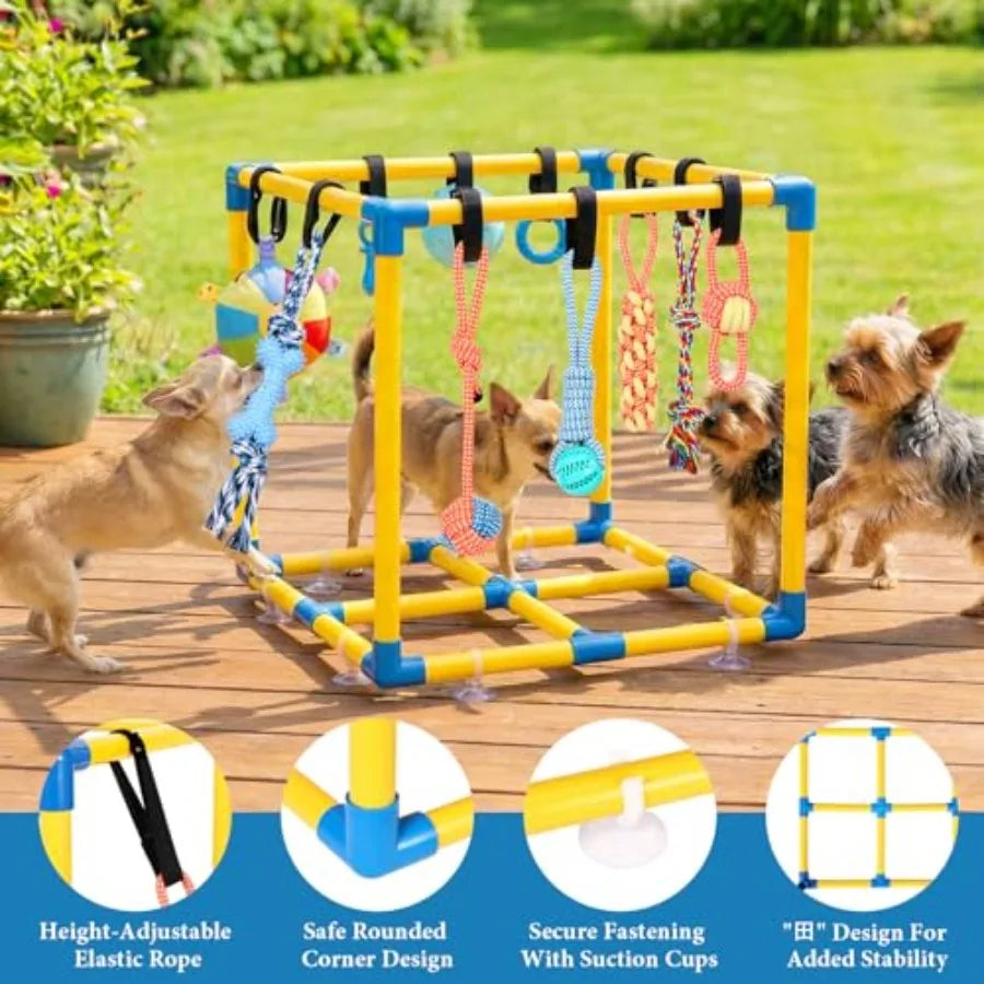 Puppy Play Gym for Small Dogs with 10 Hanging Toys Removable Indoor Jungle Gym PVC Frame with Adjustable Bungee Straps Interact