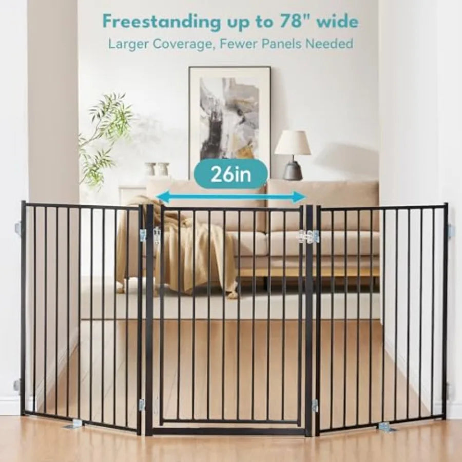 Free Standing Dog Gate with Door 36'' Tall Foldable Dog Fence for Indoor and Outdoor Up to 78 Inch Extra Wide Puppy Gate for St