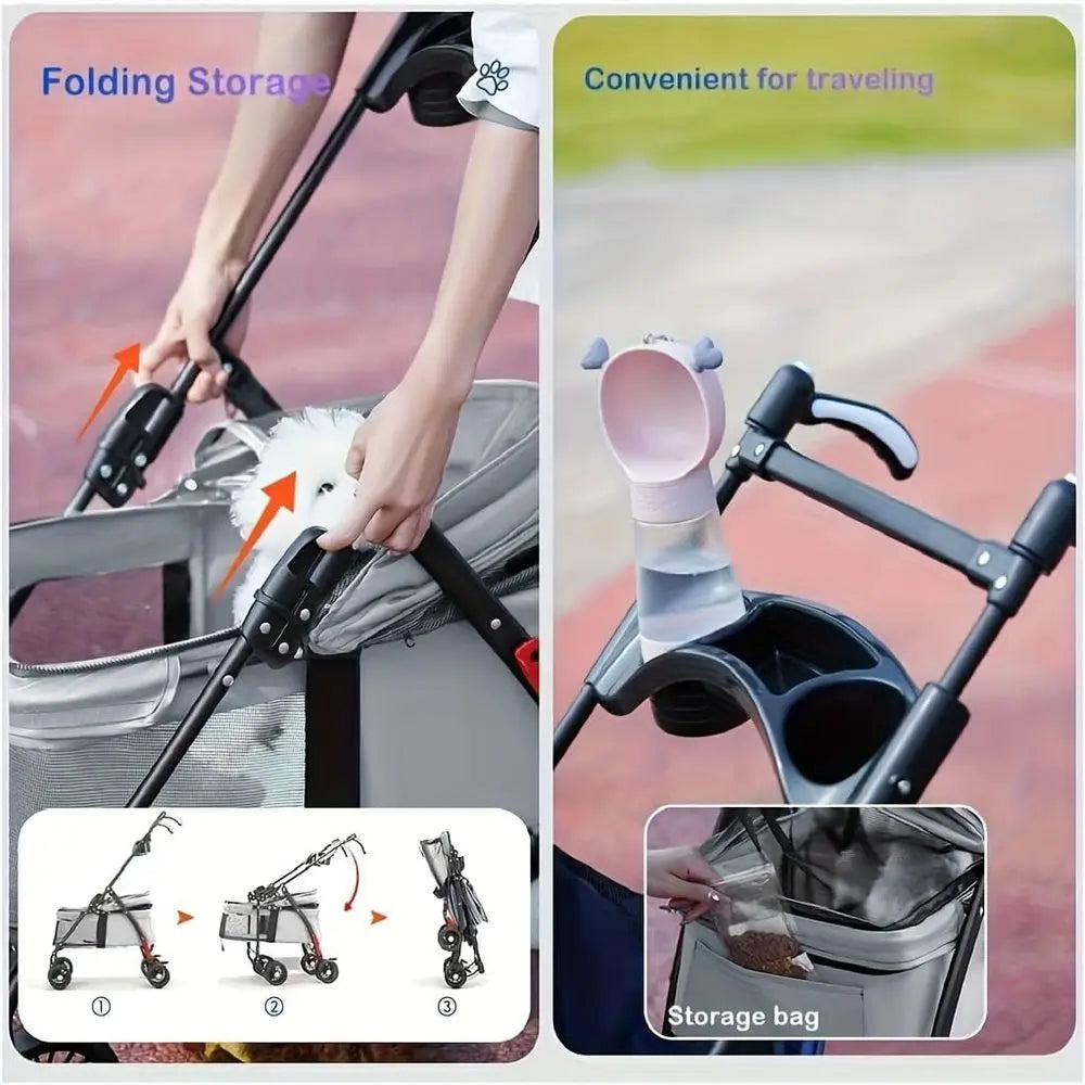Portable Pet Stroller Suitable for Dogs Cats with Foldable Cage, Storage Basket Cup Holder HeavyDuty FourWheel Stroller, Travel
