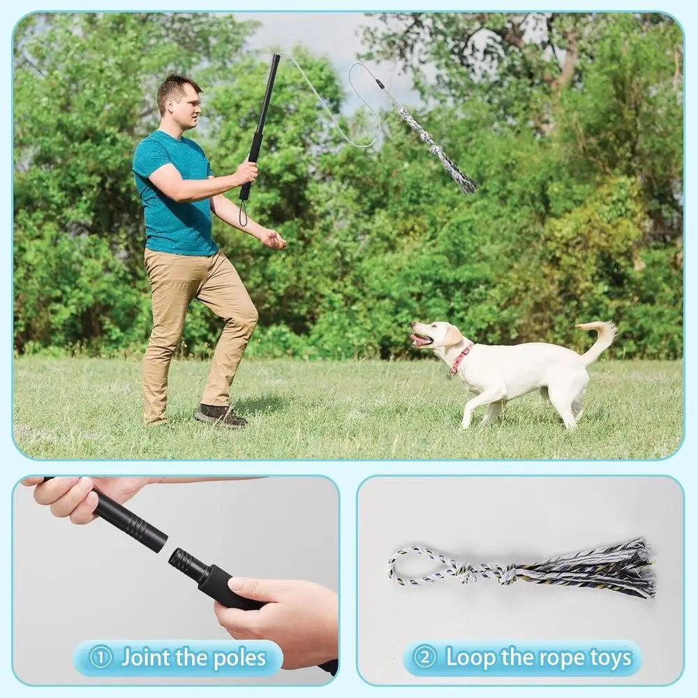 Interactive Flirt Pole, Chase and Tug o War Outdoor Dog Toys, Heavy Duty Dog Teaser Wand Chase Toys with Rope, Durable Stick Pole
