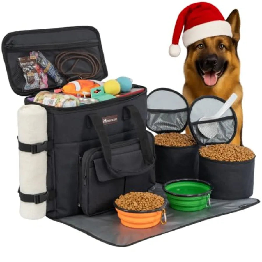 Dog Travel Bag, Weekend Pet Travel Set for Dog and Cat, Airline Approved Tote Organizer with Multi-Function Pockets, 2 Food Sto