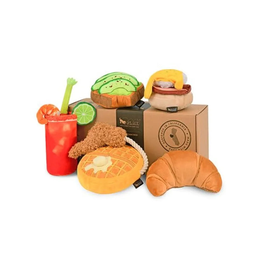 P.L.A.Y. Cute Plush Dog Toys - Brunch Breakfast Food Themed Durable Squeaker Chew Toys Great for Puppies and Small Medium Large