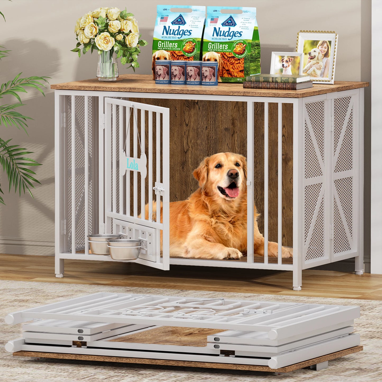 Foldable Large Dog Crate Furniture,31"/41.3"Assembly-Free Dog Crates for Large Dogs, Wooden Dog Kennel Indoor w/ Tag & Dog Bowls