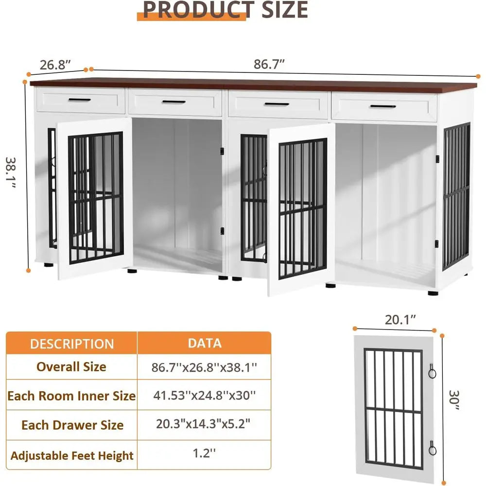 Extra Large Double Dog Cage Furniture with Removable Divider, Wooden Indoor Kennel for XXL Dogs, White/Brown