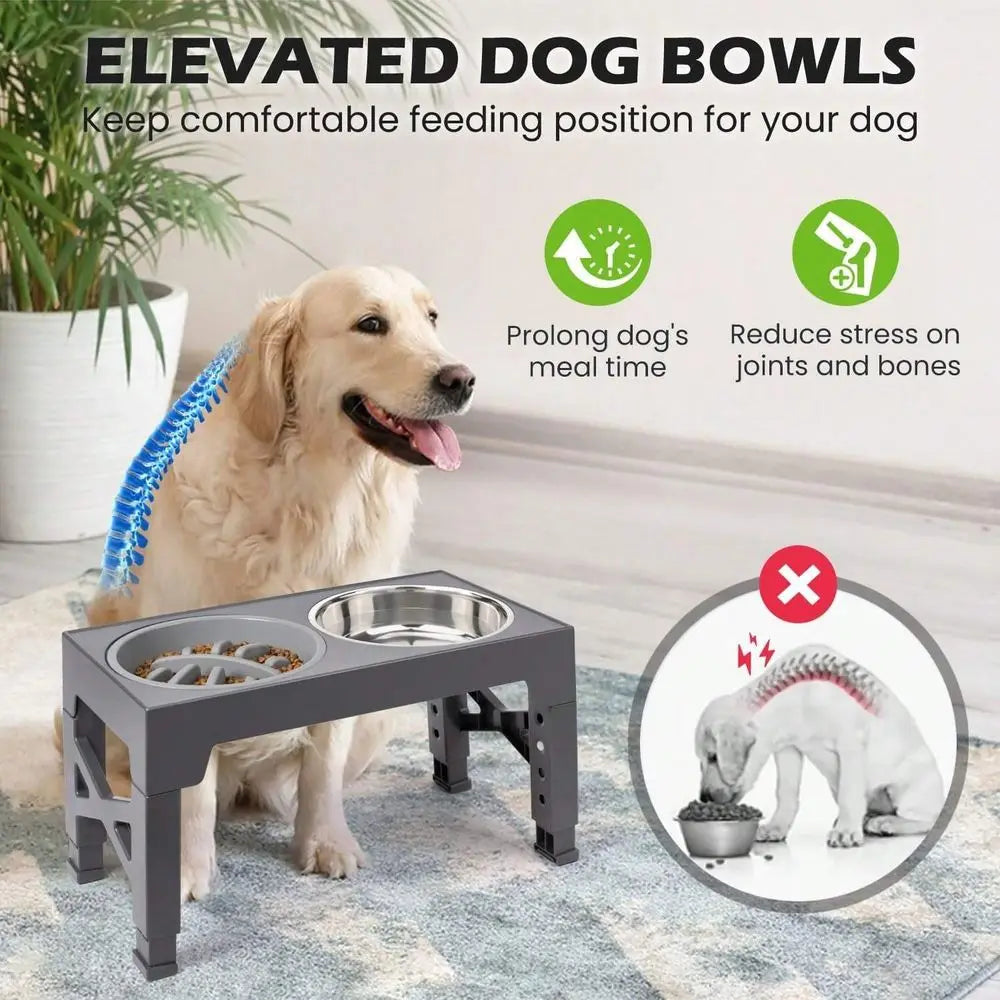 Dog Bowl Dog SuppliesDog Bowls, 5 Adjustable Heights Raised Dog Bowl Stand, With 2 Stainless Steel Dog Food Bowls And 1 Slow Fee