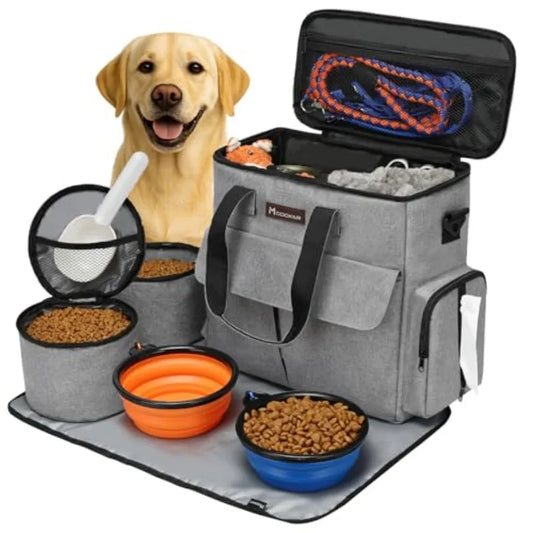 Dog Travel Bag, Weekend Pet Travel Set for Dog and Cat, Airline Approved Tote Organizer with Multi-Function Pockets, 2 Food Sto