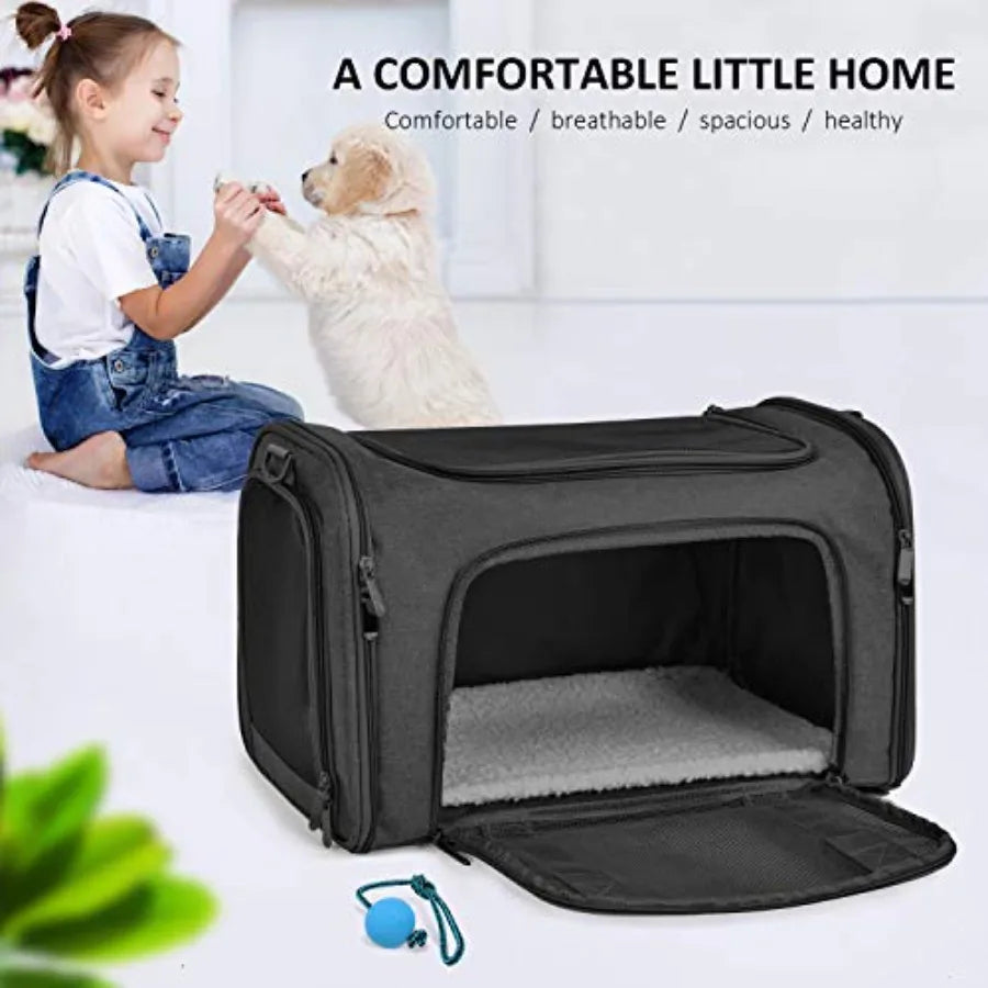 Large Soft Sided Pet Carrier for Cats and Puppies up to 25Lbs - Collapsible Waterproof Travel Carrier - Black