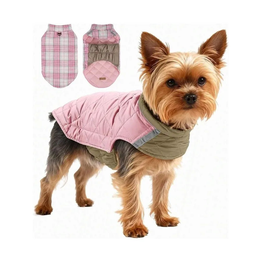 Quilted Dog Winter Coat, Plaid Lined Reversible Vest, Reflective Safety Strip, Cold Weather Pet Apparel Pink MChrist
