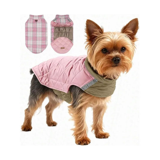Quilted Dog Winter Coat, Plaid Lined Reversible Vest, Reflective Safety Strip, Cold Weather Pet Apparel Pink MChrist