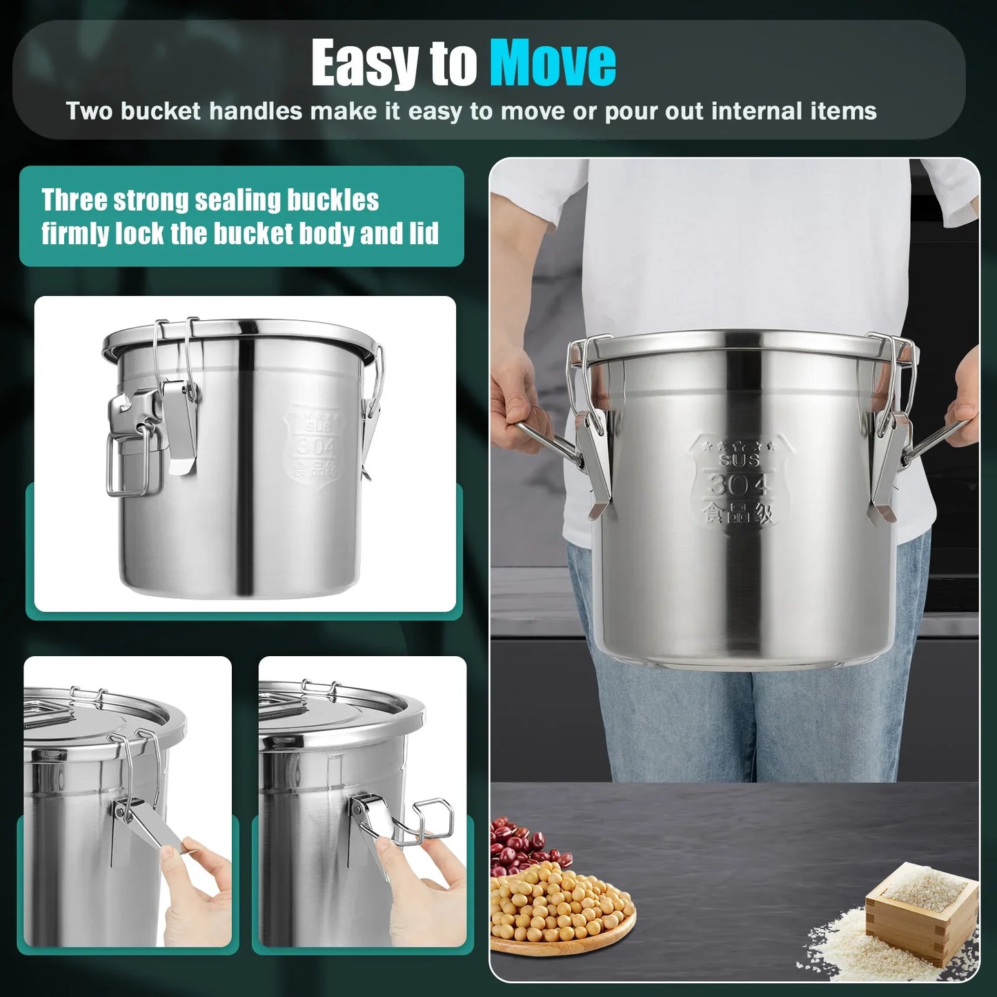 12/33L Airtight Canister 304 Stainless Steel, 3.2Gal Canisters Container w/Lids and Sturdy Locking Clamp,for Rice, Flour, Grain