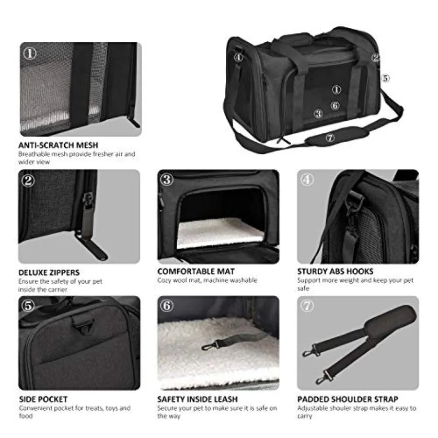 Large Soft Sided Pet Carrier for Cats and Puppies up to 25Lbs - Collapsible Waterproof Travel Carrier - Black