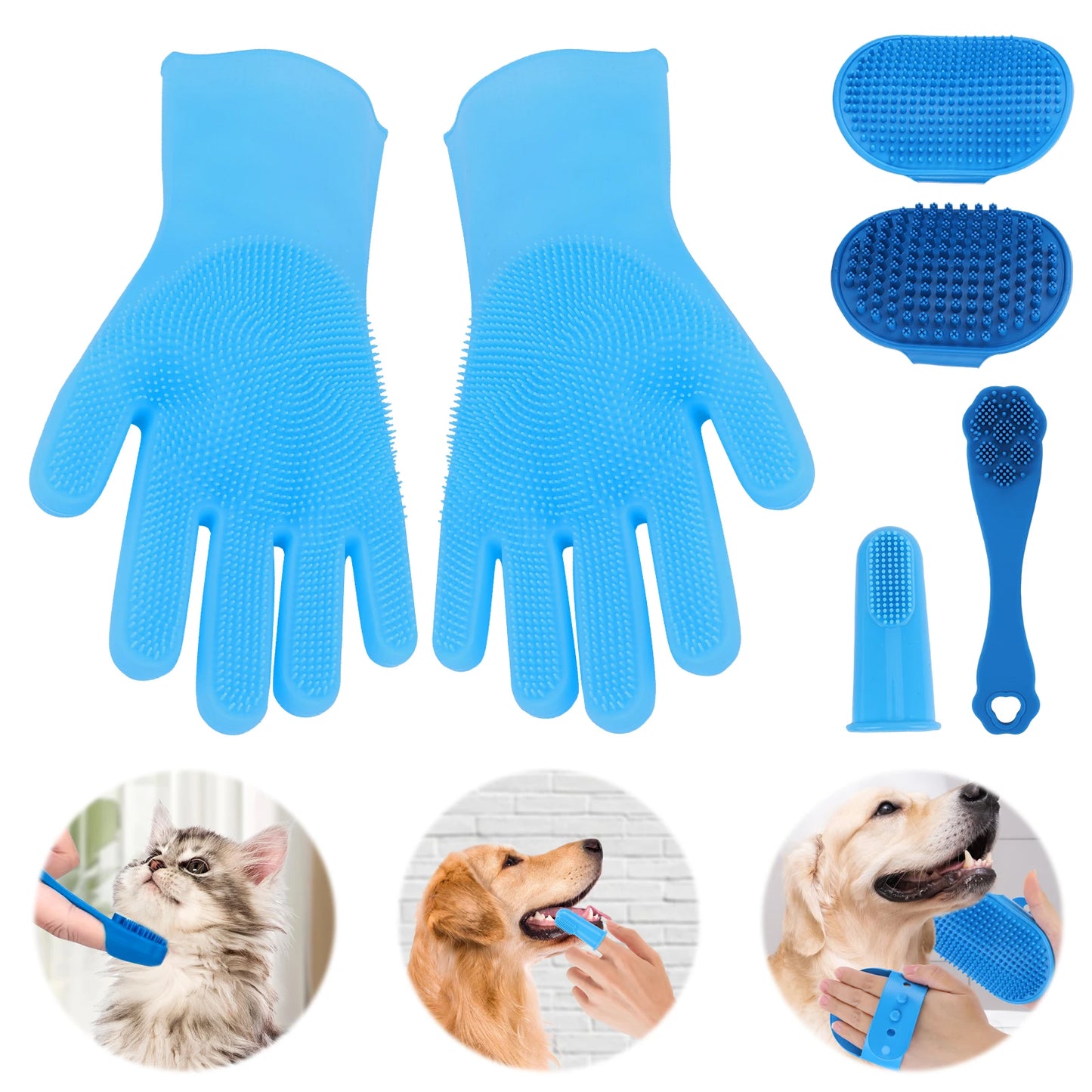 6PCS Pet Grooming Kit Silicone Dog Washing Gloves Dog Bath Brush Dog Toothbrush Finger Dog Shampoo Brush Dog Cat Bath Supplies