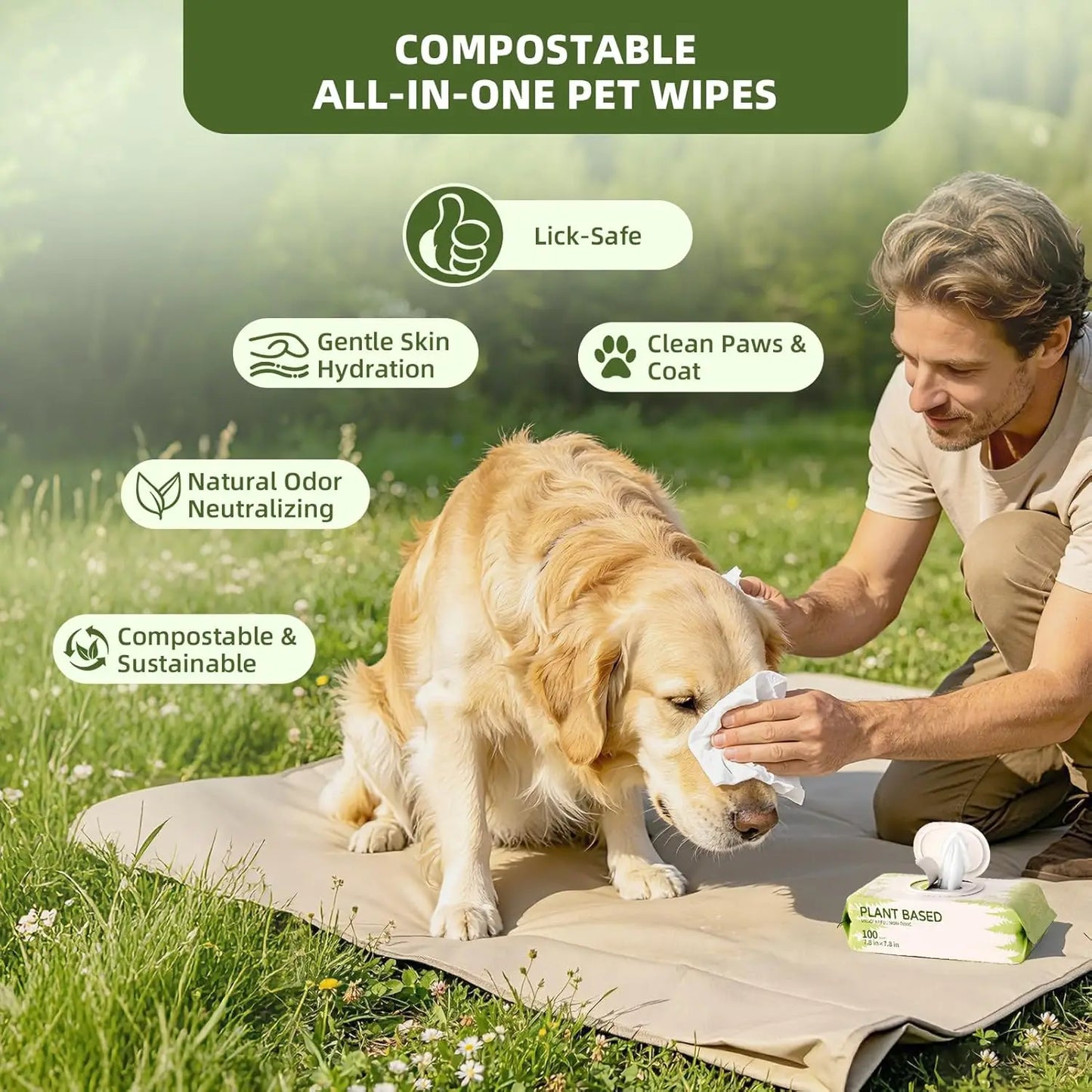 400 Count Unscented Plant-Based Pet Wipes for Paws, Butt & Anal Gland Care, Hypoallergenic Cleansing Wipes for Dogs & Cats