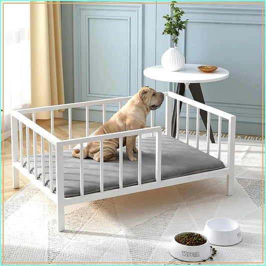 Elevated Dog Bed with Rails, Metal Frame & Solid Wood, Washable Mat, Medium 25.2x37.8 in, White
