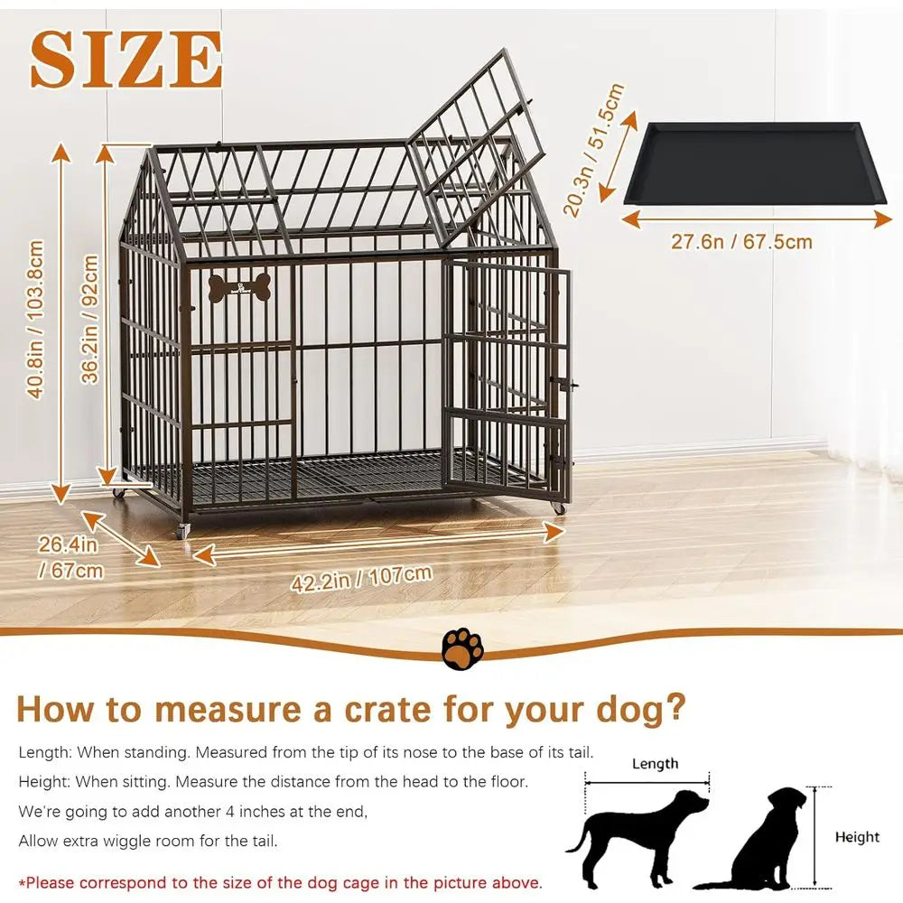 Heavy Duty Dog Crate 42 Inch,XL Large/Medium Pet Dog Cage Kennel Indoor,Steel Ese Proo Cage with Roo Top 2 DoRemovable Trays,Loc
