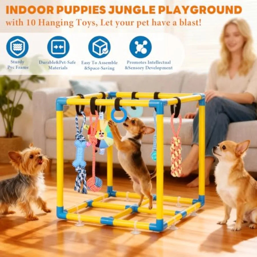 Puppy Play Gym for Small Dogs with 10 Hanging Toys Removable Indoor Jungle Gym PVC Frame with Adjustable Bungee Straps Interact