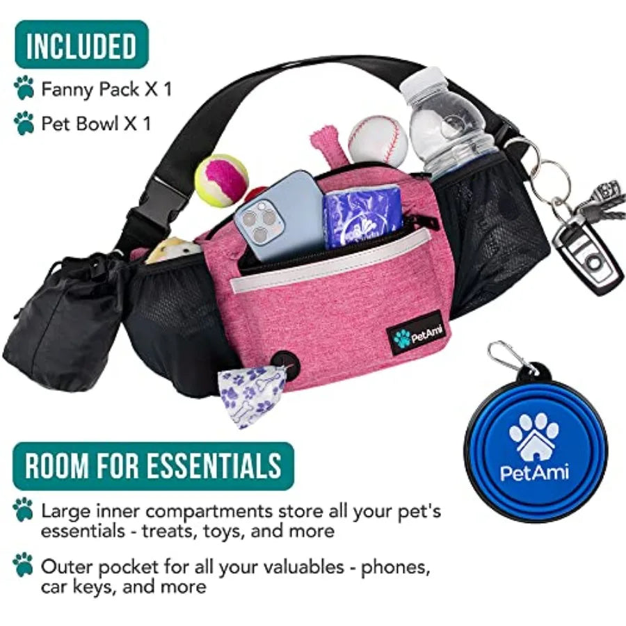 Dog Fanny Pack, Treat Pouch for Dog Walking, Training, Built in Poop Bag Dispenser, Water Bottle Holder, Collapsible Bowl, Pet