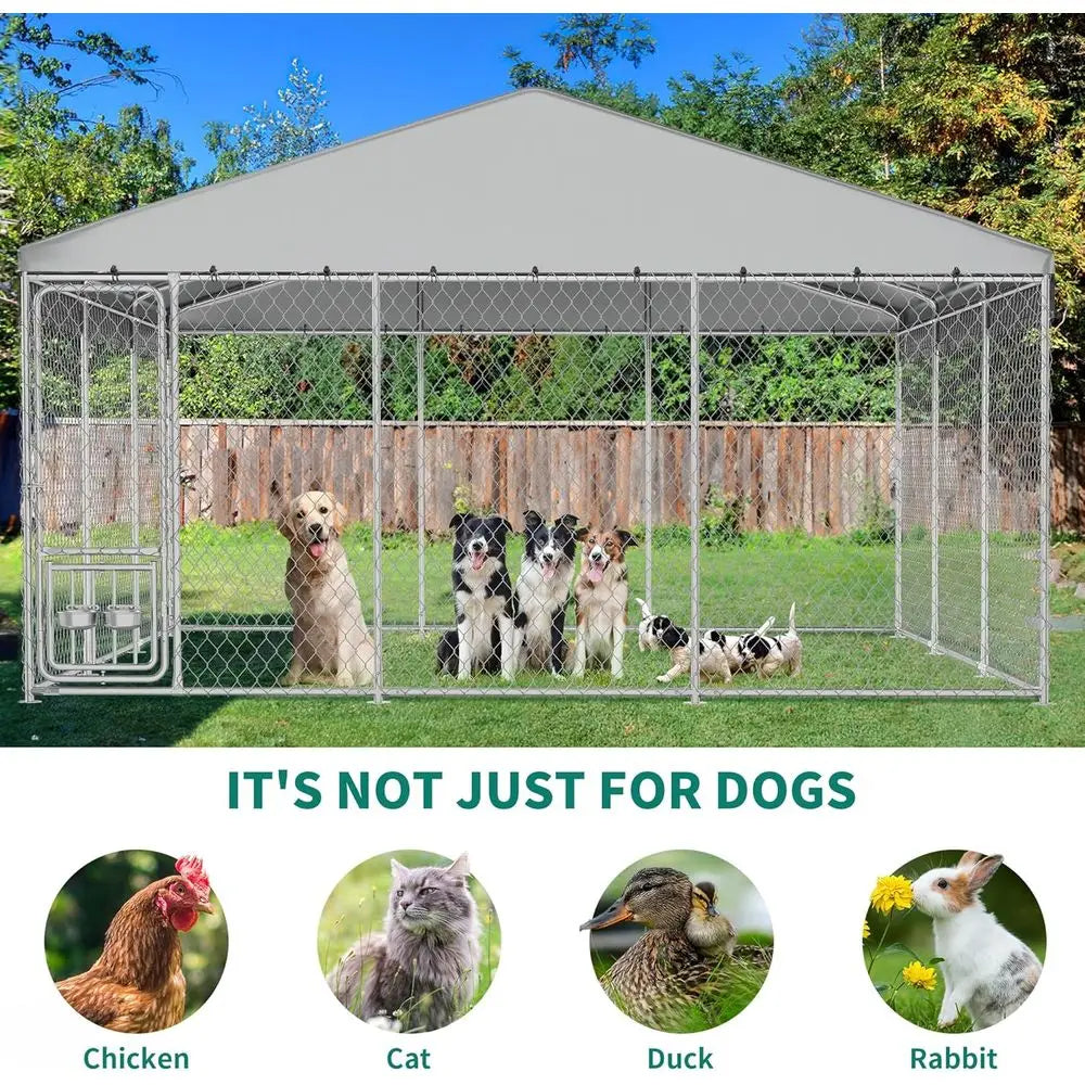 Outdoor Dog Kennel with Rotating eeder Bowls & UV-Resistant Waterproo Cover, 14.8×14.8×7.9T Outside Dog Enclosure or Yard, Heavy