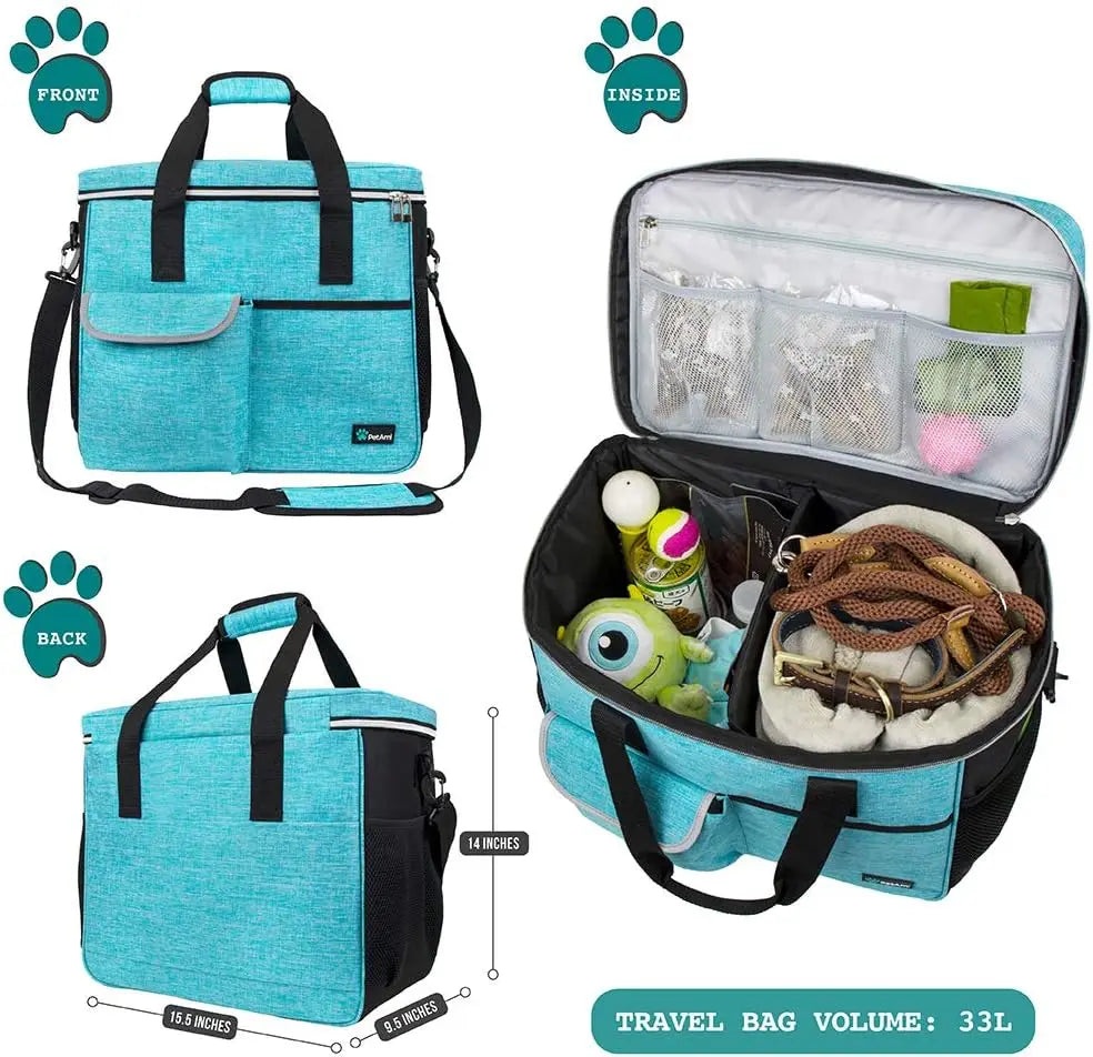 Pet Travel Bag Organizer for Dog & Cat, Large Diaper Bag with Food Container and Bowls, Perfect for Camping
