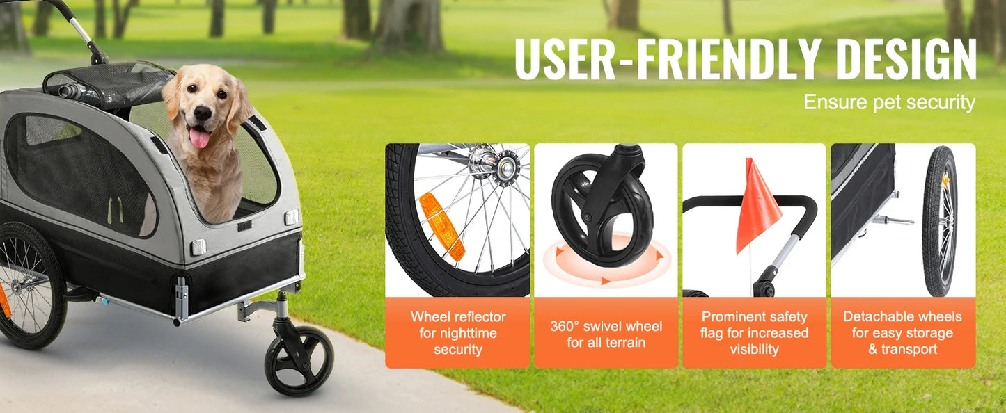 SucceBuy 88lbs 2-in-1 Pet Stroller Cart Dog Bike Trailer with Wheels Reflectors Easy Folding Cart Frame Bicycle Coupler Carrier