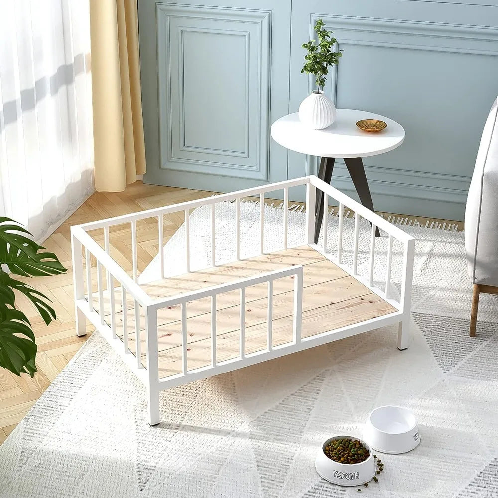Elevated Dog Bed with Rails, Metal Frame & Solid Wood, Washable Mat, Medium 25.2x37.8 in, White