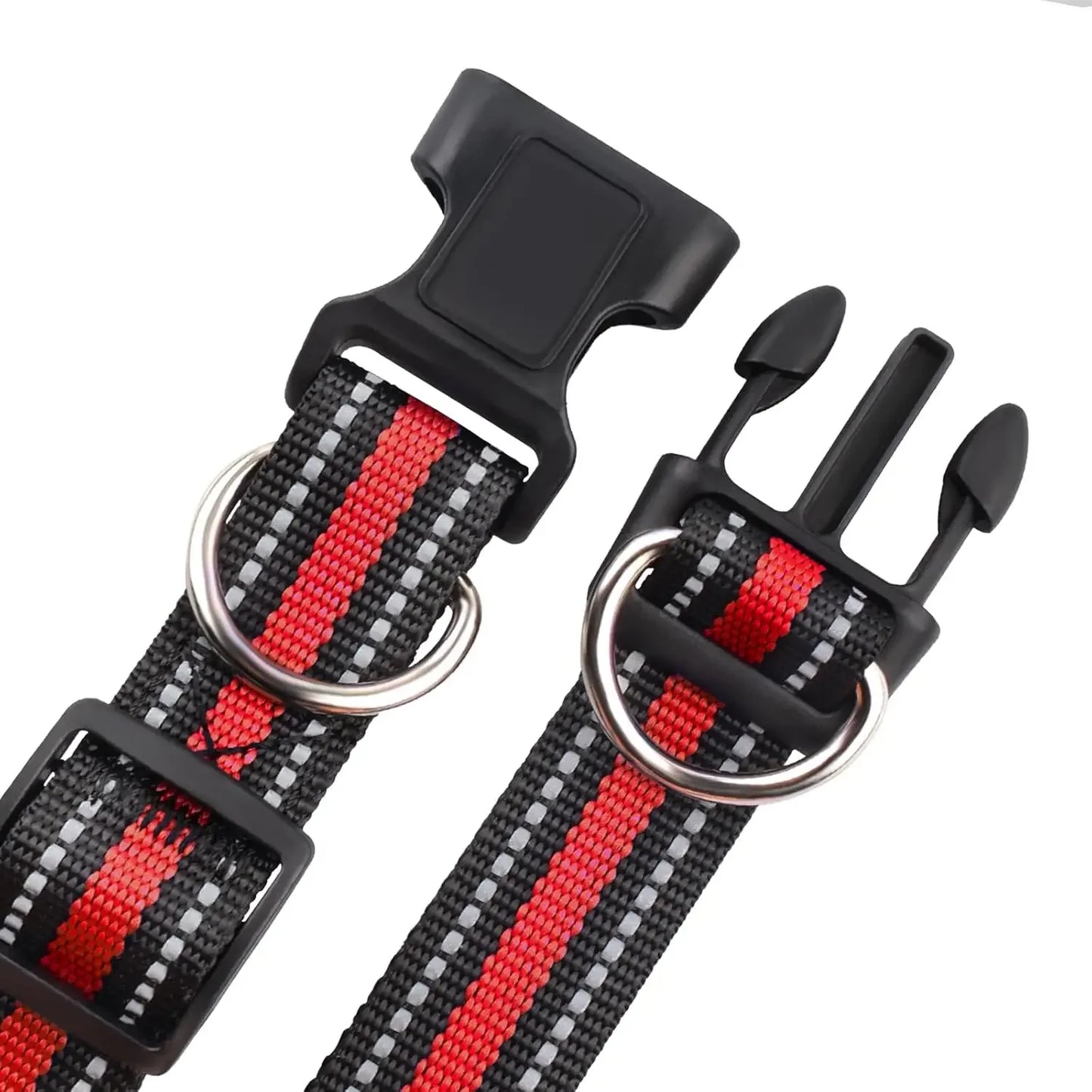 Highly Reflective Adjustable Dog Collar with Dual Metal D-Rings - Classic Colors for Small/Medium Dogs, 2-Pack (Red and Violet,M)