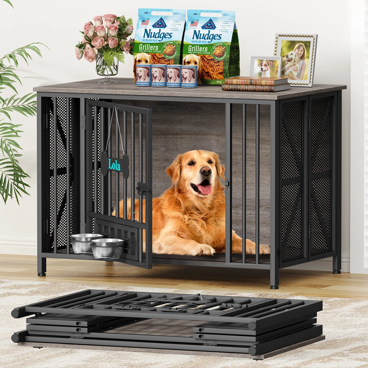 Foldable Large Dog Crate Furniture,31"/41.3"Assembly-Free Dog Crates for Large Dogs, Wooden Dog Kennel Indoor w/ Tag & Dog Bowls