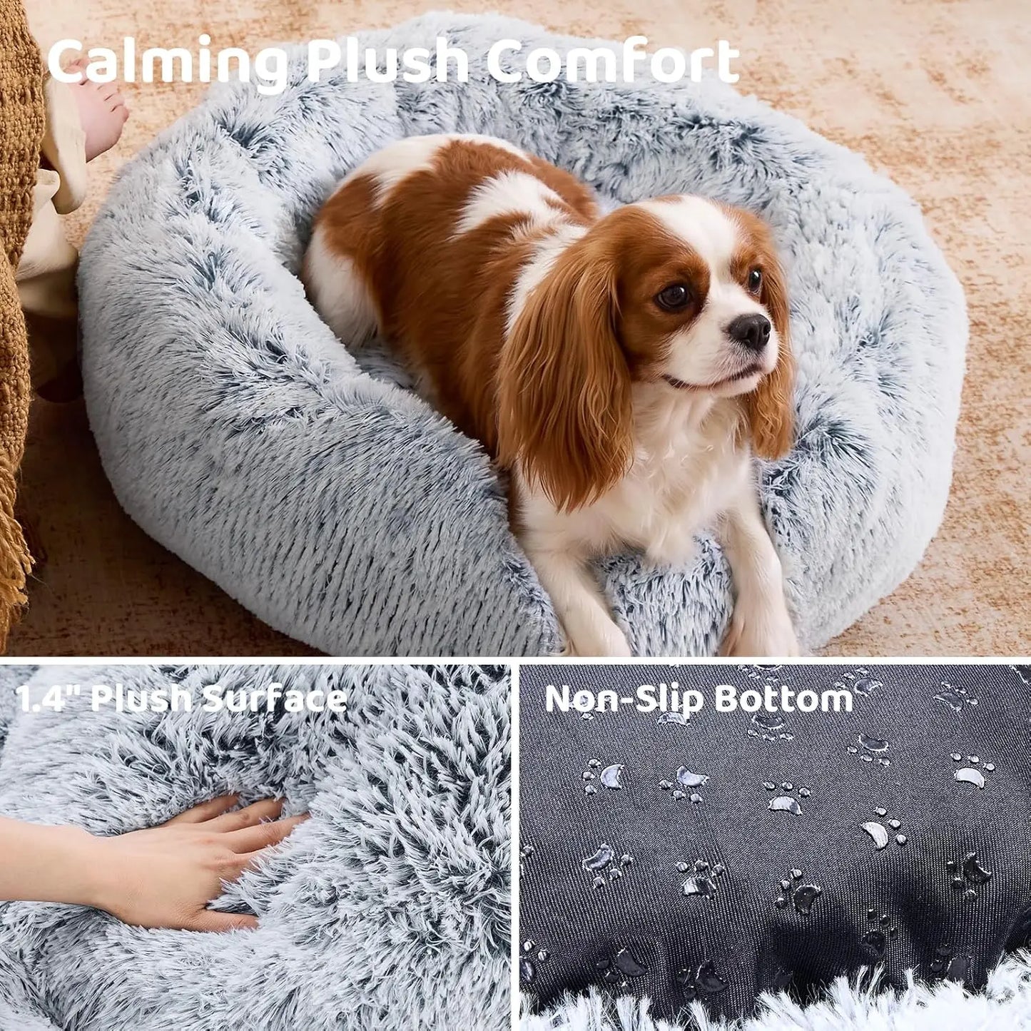 Small Dog Bed, Calming Soft Anti-Anxiety Donut Cat Bed, Washable Round Fluffy Cushion for Small and Medium Pets (20')