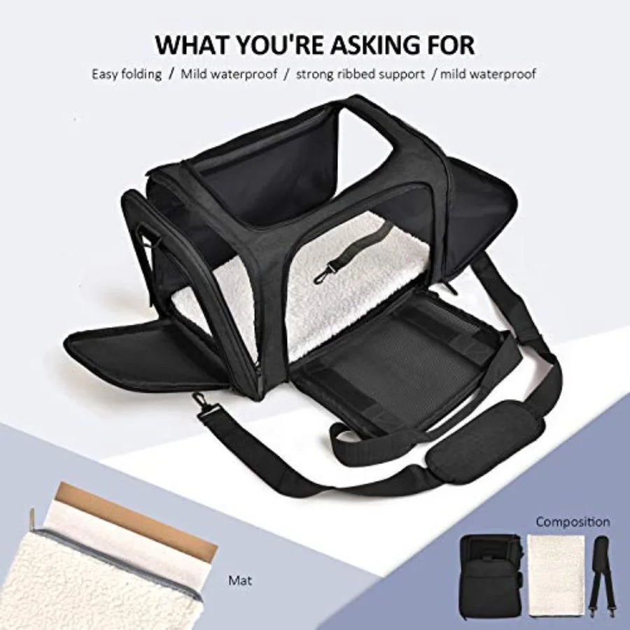 Large Soft Sided Pet Carrier for Cats and Puppies up to 25Lbs - Collapsible Waterproof Travel Carrier - Black