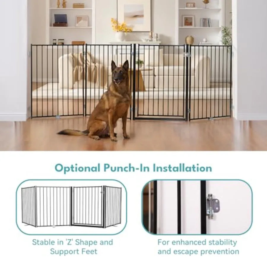 Free Standing Dog Gate with Door 36'' Tall Foldable Dog Fence for Indoor and Outdoor Up to 78 Inch Extra Wide Puppy Gate for St