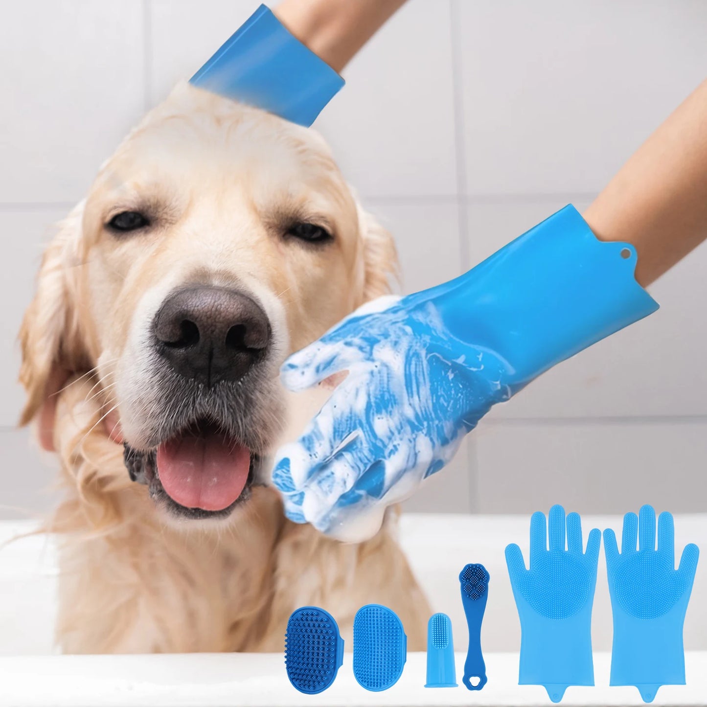 6PCS Pet Grooming Kit Silicone Dog Washing Gloves Dog Bath Brush Dog Toothbrush Finger Dog Shampoo Brush Dog Cat Bath Supplies
