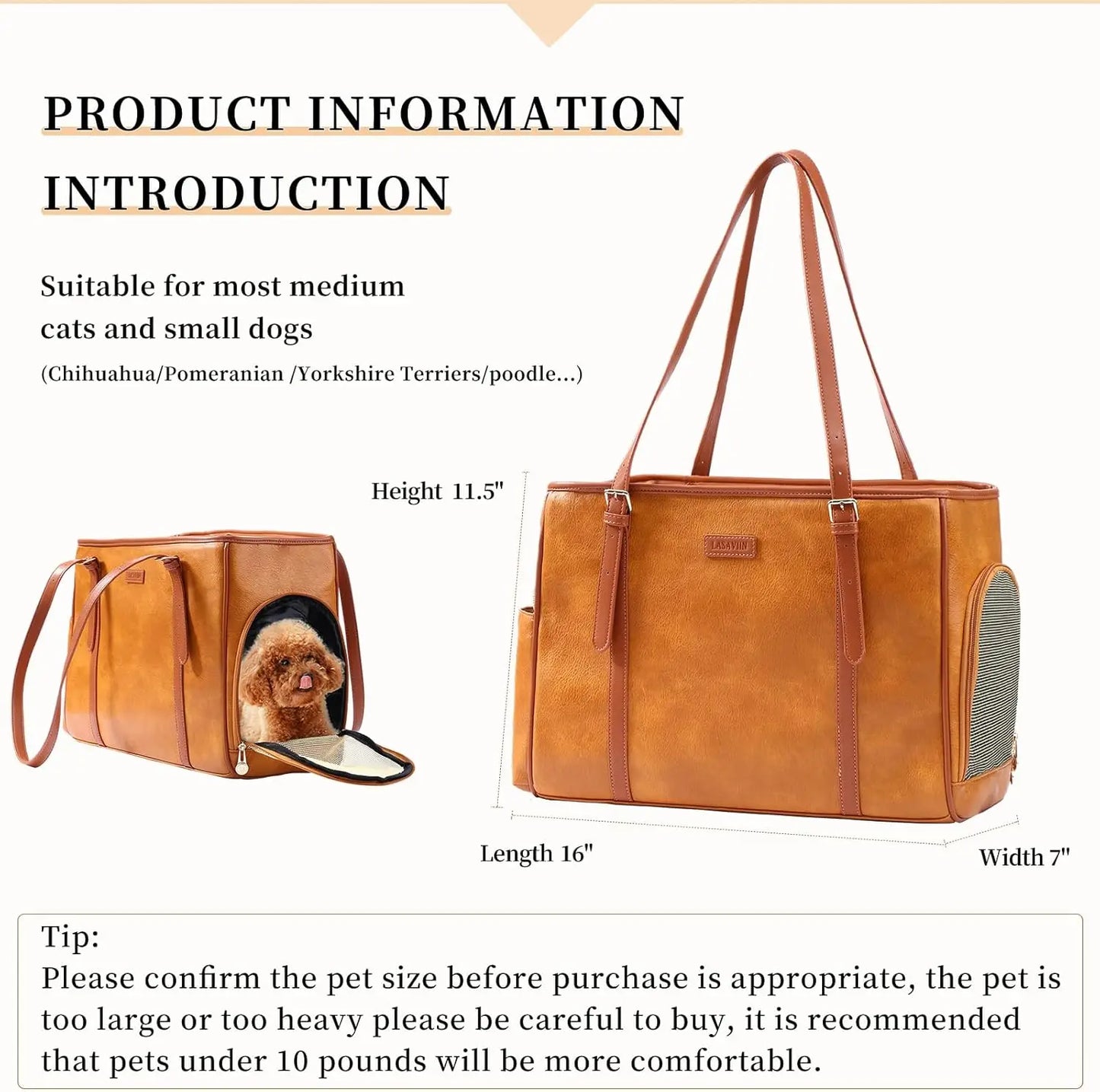 Fashion Dog Purse Pet Carrier Leather Bag for Small Dogs Cats Puppy, Airline Approved Soft-Sided Tote, Portable Travel