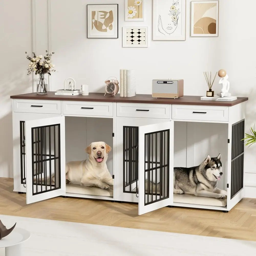 Extra Large Double Dog Cage Furniture with Removable Divider, Wooden Indoor Kennel for XXL Dogs, White/Brown