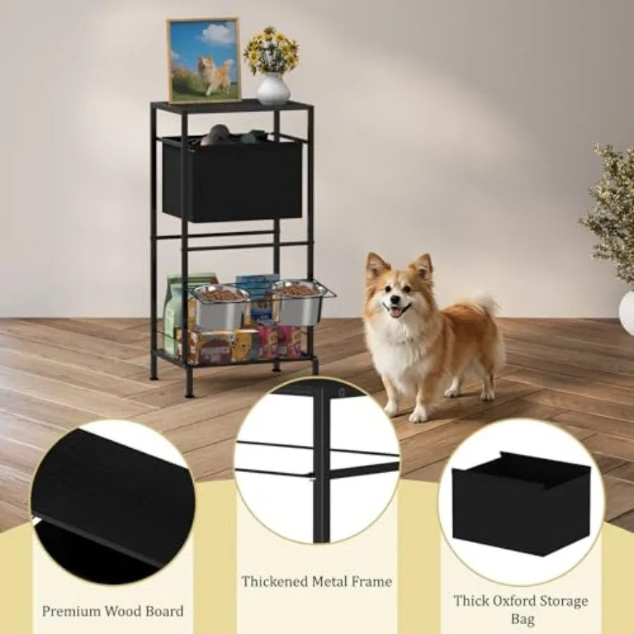 Elevated Dog Bowl Stand with 3-Tier Storage 3 Adjustable Heights Raised Dog Feeding Station with Basket and Shelves