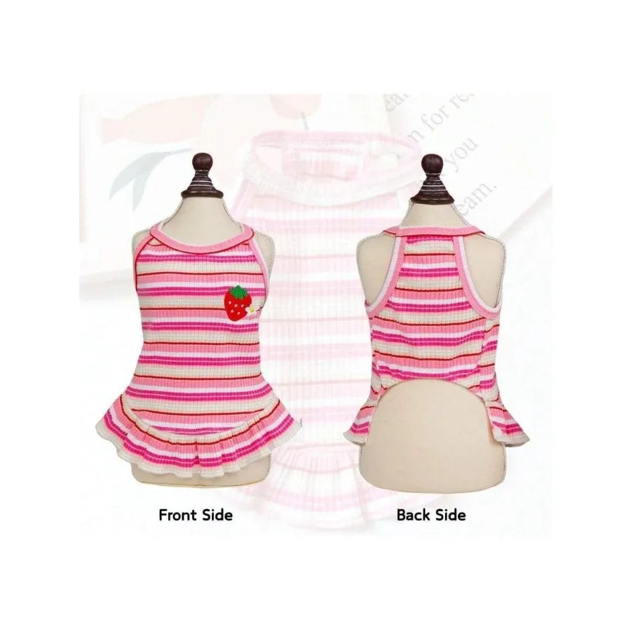 2PCS Charming Striped Dog Dress With Strawberry Patch and Lace Trim, Soft Elastic Cotton Clothes In Pink and Green