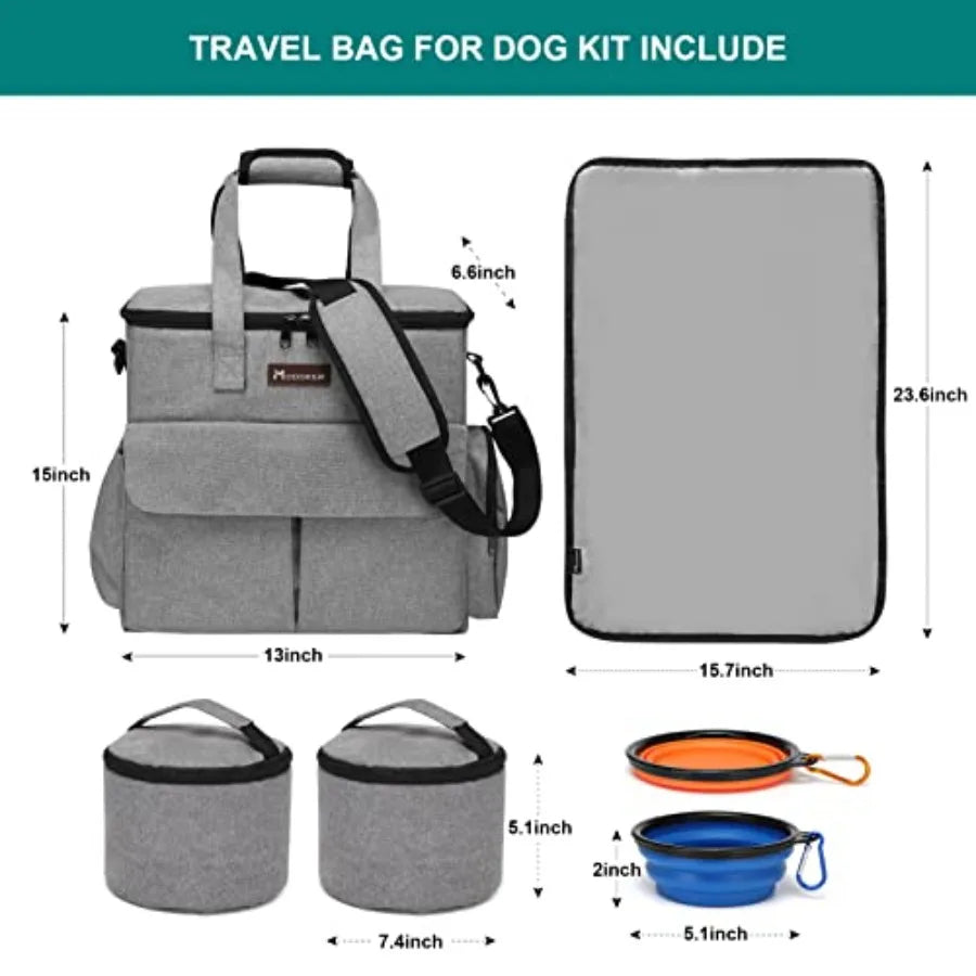 Dog Travel Bag, Weekend Pet Travel Set for Dog and Cat, Airline Approved Tote Organizer with Multi-Function Pockets, 2 Food Sto