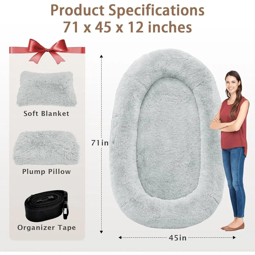 Oversized 71x45x12 Grey Memory Foam Dog Bed with Pillow, Blanket & Strap for Adults and Large Pets,
